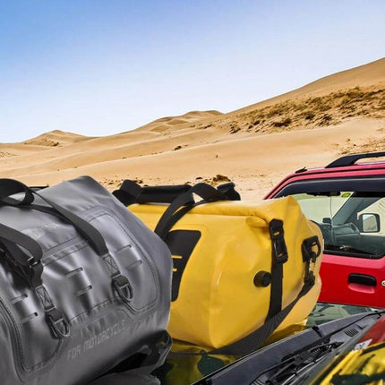 AFISHTOUR 40L Waterproof Motorcycle Rear Seat Bag Yellow Black on car roof in desert, durable 500D PVC waterproof travel storage