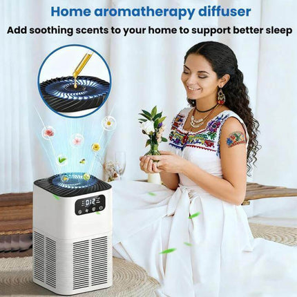 Desktop Aromatherapy Diffuser With Negative Ion Purifier on a desk near a woman, showing aroma mist, digital display and US plug, ideal for home office