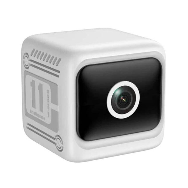 Mini Wireless Battery-Powered Camera for Home Security compact white cube camera with black lens, wireless battery-powered home monitoring, app alerts
