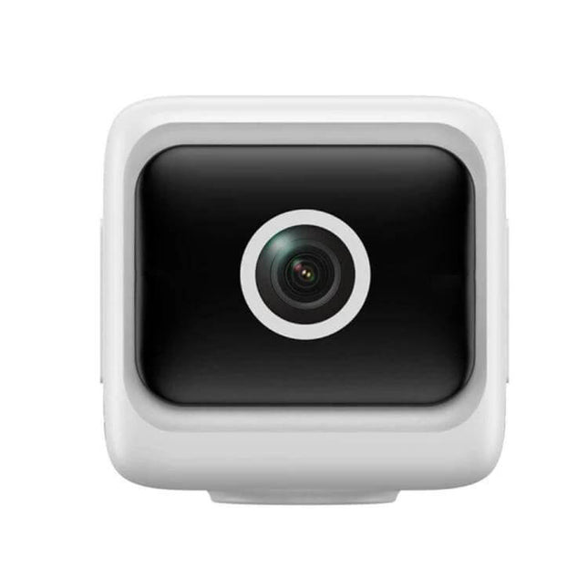 Mini Wireless Battery-Powered Camera for Home Security compact white cube camera front view showing lens, battery-powered wireless home monitoring device