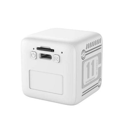 Mini Wireless Battery-Powered Camera for Home Security small white cube camera with power and record buttons, microSD slot and compact design for indoor monitoring
