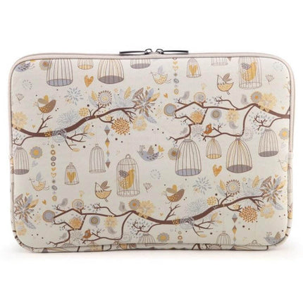 LiSEN Protective Bag for 10 to 15 Inch Notebooks and Tablets in cream with birdcage and branch print, zippered padded sleeve for travel and daily protection