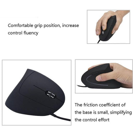 Ergonomic Wired Optical Upright Mouse for Daily Computing Tasks showing black wired vertical mouse held in hand with comfortable grip and visible DPI button