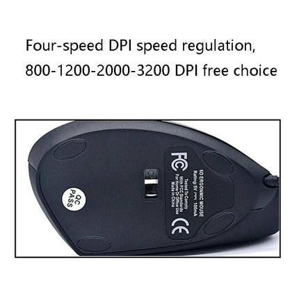 Ergonomic Wired Optical Upright Mouse for Daily Computing Tasks - underside view showing DPI switch (800-1200-2000-3200) and wired connector