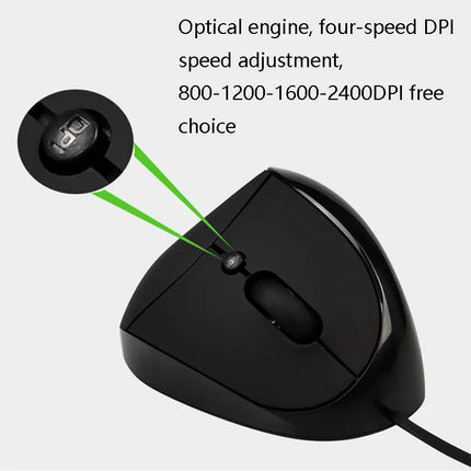Ergonomic Vertical Mouse for Comfortable Daily Computing black wired vertical mouse showing DPI button and adjustable 800-2400 DPI
