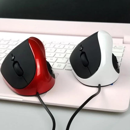Ergonomic Vertical Mouse for Comfortable Daily Computing - red and white wired upright mice on laptop promoting natural hand position
