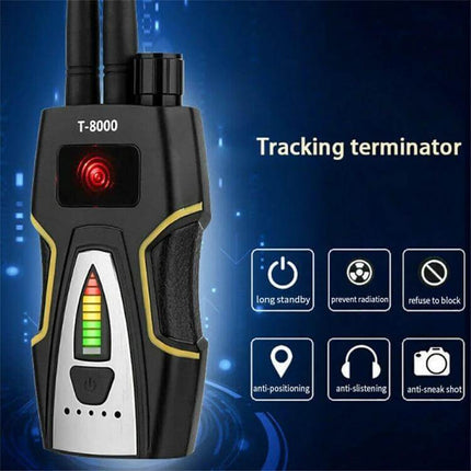 Wireless Signal Detector for GPS and Hidden Camera Protection - handheld T-8000 tracking terminator with signal strength LED and detection icons