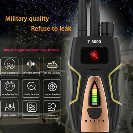 Wireless Signal Detector for GPS and Hidden Camera Protection - handheld T-8000 detector with signal strength bars and antenna for privacy checks