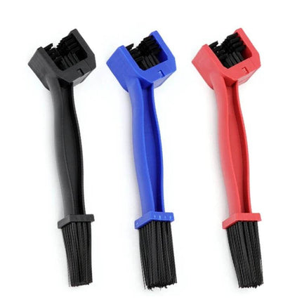 Bicycle And Motorcycle Cleaning Brush Set, Three-Sided Chain Brush showing three colored brushes (black, blue, red) for chains, chainrings, and sprockets