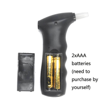 Compact Portable Digital Breath Alcohol Tester for Quick Checks showing open battery compartment with 2x AAA batteries