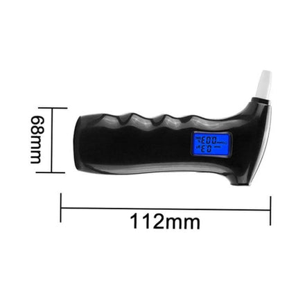 Compact Portable Breath Alcohol Tester for Everyday Safety Checks - black handheld unit 112mm x 68mm with blue backlit digital display