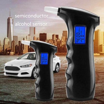 Compact Portable Breath Alcohol Tester for Everyday Safety Checks black handheld with blue backlight digital display near car and cityscape