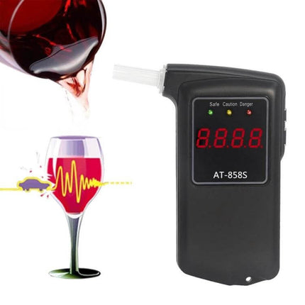 Portable Handheld Breath Alcohol Tester for Quick Checks black handheld device with red LED display and mouthpiece, shown next to poured wine glass