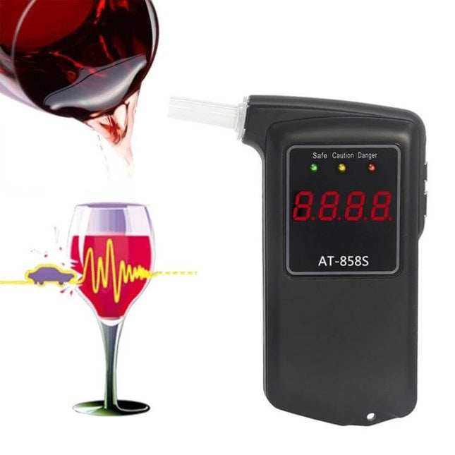 Portable Handheld Breath Alcohol Tester for Quick Checks black handheld device with red LED display and mouthpiece, shown next to poured wine glass