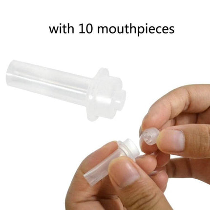 Portable Handheld Breath Alcohol Tester for Quick Checks showing replaceable mouthpieces (10-pack) with hands attaching one