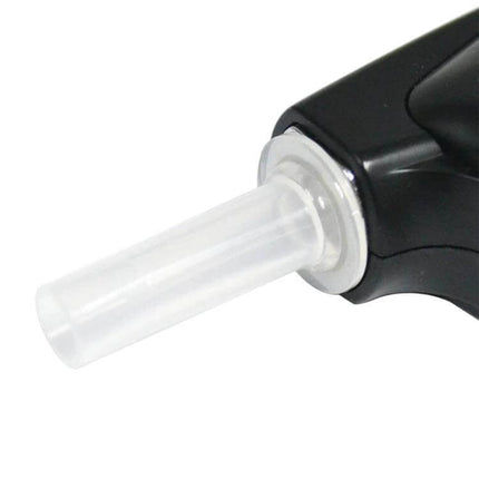 Portable Handheld Breath Alcohol Tester for Quick Checks with replaceable mouthpiece and black casing, red text display visible on screen