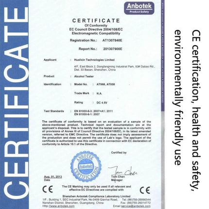 Portable Handheld Breath Alcohol Tester for Quick Checks displaying CE certification and product details on a certificate