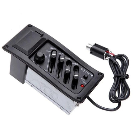 Guitar Equalizer Accessory for Everyday Music Sessions - black onboard EQ with bass mids treble presence sliders and cable for standard guitar
