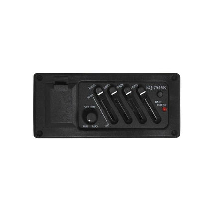 Guitar Equalizer Accessory for Everyday Music Sessions - black 4-band EQ with volume knob and battery check, clip-on for standard guitars