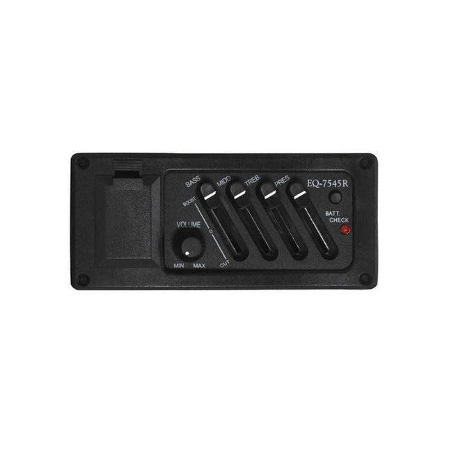 Guitar Equalizer Accessory for Everyday Music Sessions - black 4-band EQ with volume knob and battery check, clip-on for standard guitars