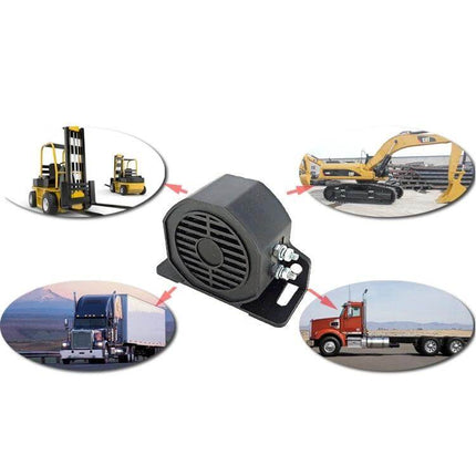 Waterproof Reversing Horn for Cars, Trucks, and Excavators mounted horn with terminals showing durable waterproof housing for safety alert
