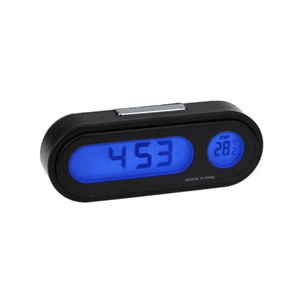 Car Dashboard Clock with Temperature for Daily Drives showing blue digital time display and small thermometer reading 28°C