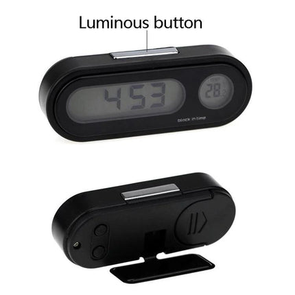 Car Dashboard Clock with Temperature for Daily Drives - black digital dash clock showing time and thermometer, luminous button, compact two-in-one design