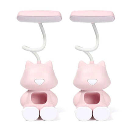 Cartoon Desk Lamp with Pen Holder for Student Study Sessions - pink cat-shaped lamp with bendable silicone arm and built-in pen holder