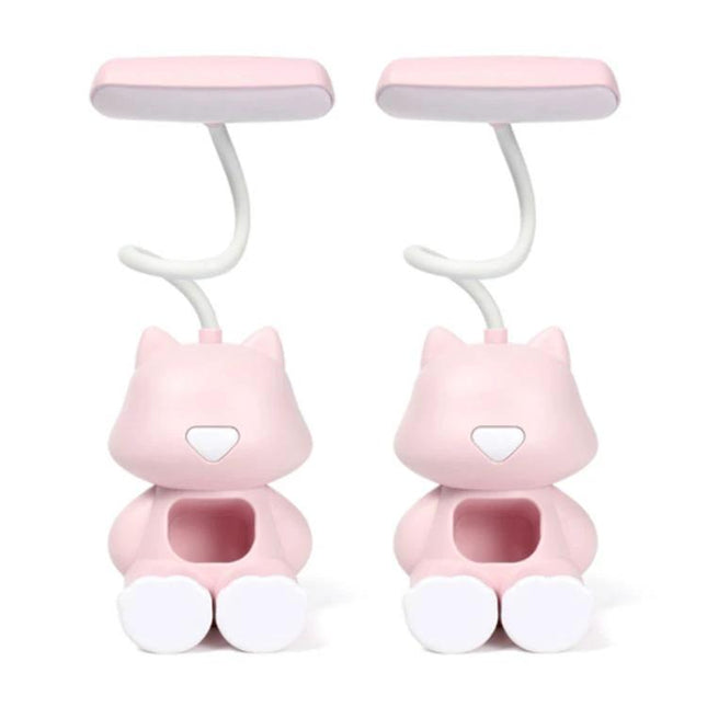 Cartoon Desk Lamp with Pen Holder for Student Study Sessions - pink cat-shaped lamp with bendable silicone arm and built-in pen holder