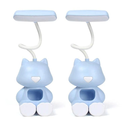 Cartoon Desk Lamp with Pen Holder for Student Study Sessions - blue cat design, bendable arm and front pen slot