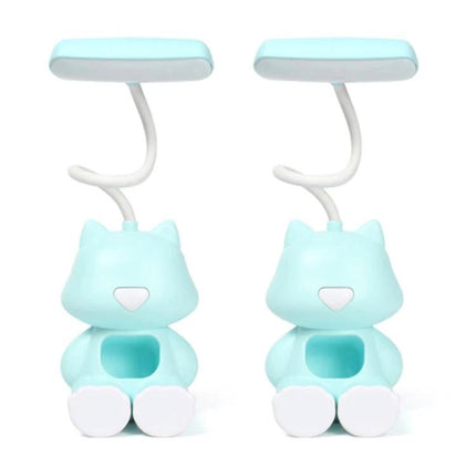 Cartoon Desk Lamp with Pen Holder for Student Study Sessions - blue cat-shaped lamp with bendable arm and built-in pen holder