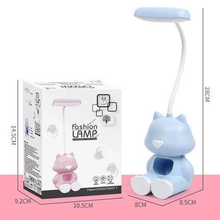 Cartoon Desk Lamp with Pen Holder for Student Study Sessions - bendable silicone arm, blue cat design keeps pens tidy and brightens homework