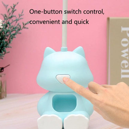 Cartoon Desk Lamp with Pen Holder for Student Study Sessions - blue cat design one-button switch, bendable silicone arm, tidy pen storage