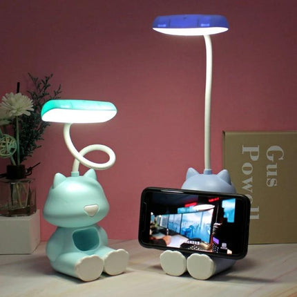 Cartoon Desk Lamp with Pen Holder for Student Study Sessions showing bendable silicone arm, kid-friendly cat design and phone stand for focused homework