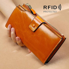 Premium Cowhide Long Leather Clutch Wallet for Women - RFID Anti-Theft, Retro Design with Multiple Card and Cash Slots