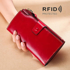 Premium Cowhide Long Leather Clutch Wallet for Women - RFID Anti-Theft, Retro Design with Multiple Card and Cash Slots