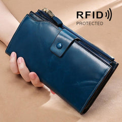 Premium Cowhide Long Leather Clutch Wallet for Women - RFID Anti-Theft, Retro Design with Multiple Card and Cash Slots