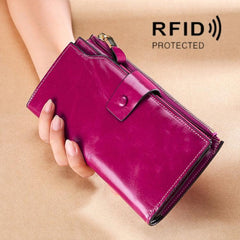 Premium Cowhide Long Leather Clutch Wallet for Women - RFID Anti-Theft, Retro Design with Multiple Card and Cash Slots