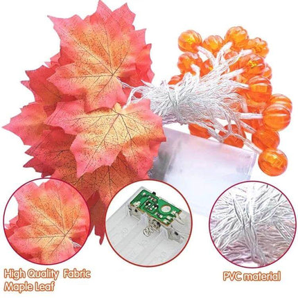 Maple Pumpkin Lantern String Lights For Halloween Decor - battery-powered maple leaf lantern string with warm LED glow, ideal mantel or table accent
