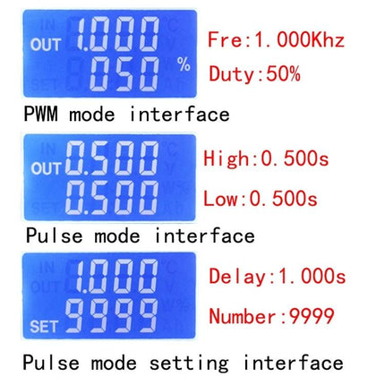 Adjustable PWM Signal Generator for Motor Control and Dimming showing PWM, pulse and setting interfaces with frequency, duty, high/low times and delay