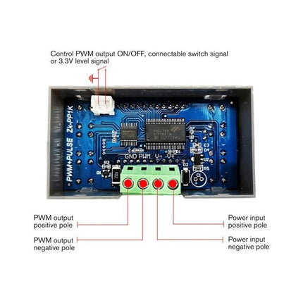 Adjustable PWM Signal Generator for Motor Control and Dimming - labeled PCB inside enclosure showing PWM output, power input and control connectors