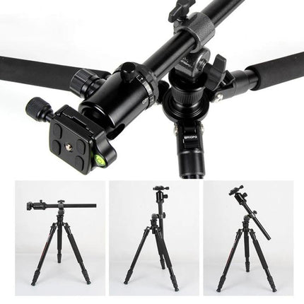 Triopo Tripod Head for Overhead and Horizontal Photography showing aluminum alloy adjustable head in multiple overhead and horizontal setups