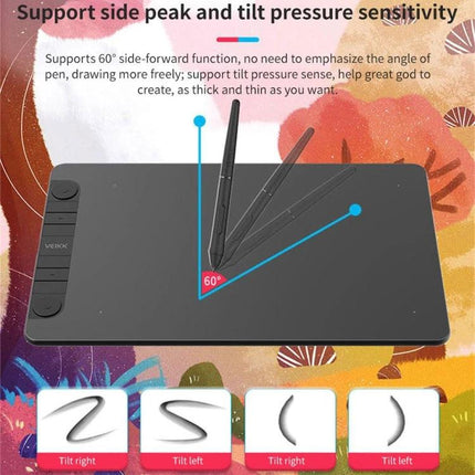 VEIKK Drawing Tablet for Digital Art and Mobile Connectivity 10x6 inch active area with tilt and 60° side-peak pressure sensitivity, Type-C mobile connectivity