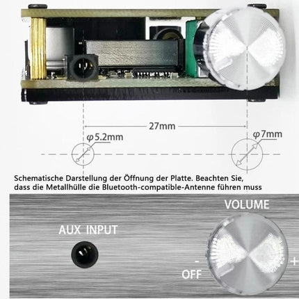 Bluetooth Wireless Stereo Audio Amplifier for Home Music Playback - front panel with volume knob, AUX input and mounting dimensions