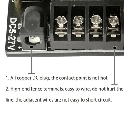 Bluetooth Wireless Stereo Audio Amplifier for Home Music Playback showing DC power jack and high-end fence speaker terminals with labels