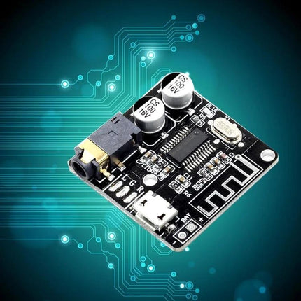 DIY Bluetooth 4.1 Audio Receiver Module for Car Audio Projects compact board with 3.5mm jack, micro USB power and capacitors