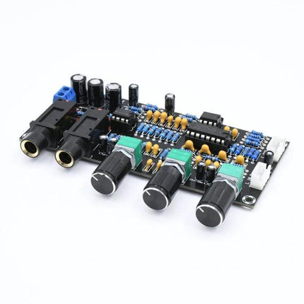 Adjustable Karaoke Microphone Amplifier Board for Singing and Music Mixing with knobs, RCA jacks and capacitors on compact PCB for home karaoke
