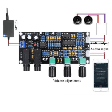 Adjustable Karaoke Microphone Amplifier Board for Singing and Music Mixing showing control board, volume knobs, mic and audio input/output connections