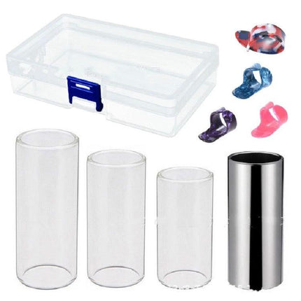 Guitar Accessories Set for Daily Practice Sessions showing sliders, finger picks, metal slide and clear carrying case