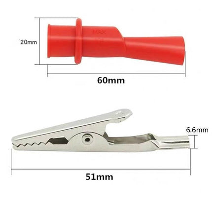 10 Pairs Universal Alligator Clips for Multimeter Testing - 51mm metal clip with 60mm red insulated boot, dimensions shown for secure multimeter connections